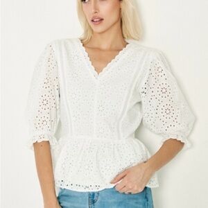 Cover Story Eyelet Peplum Top White Puff Sleeve V Neck Cotton Small Feminine